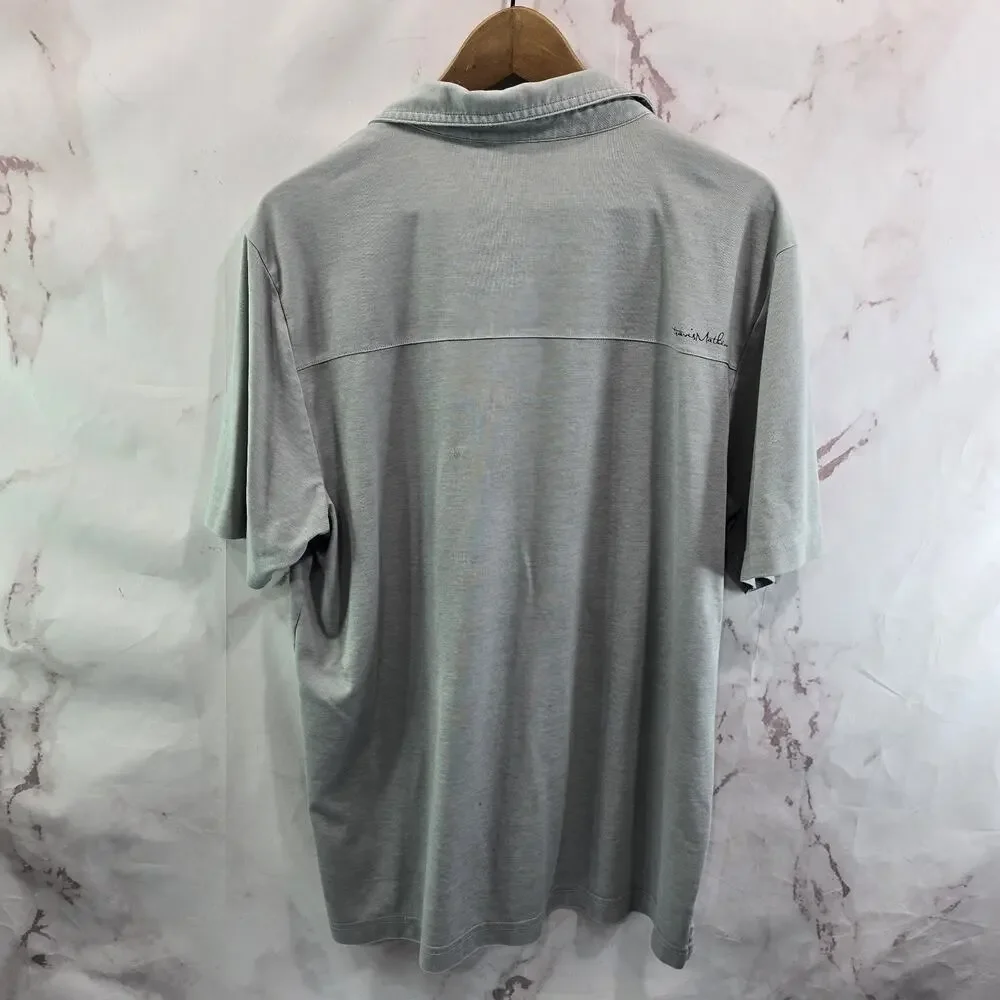 Travis Mathew Shirt Mens Large Gray Polo Blue Pocket Stripe Short Sleeve